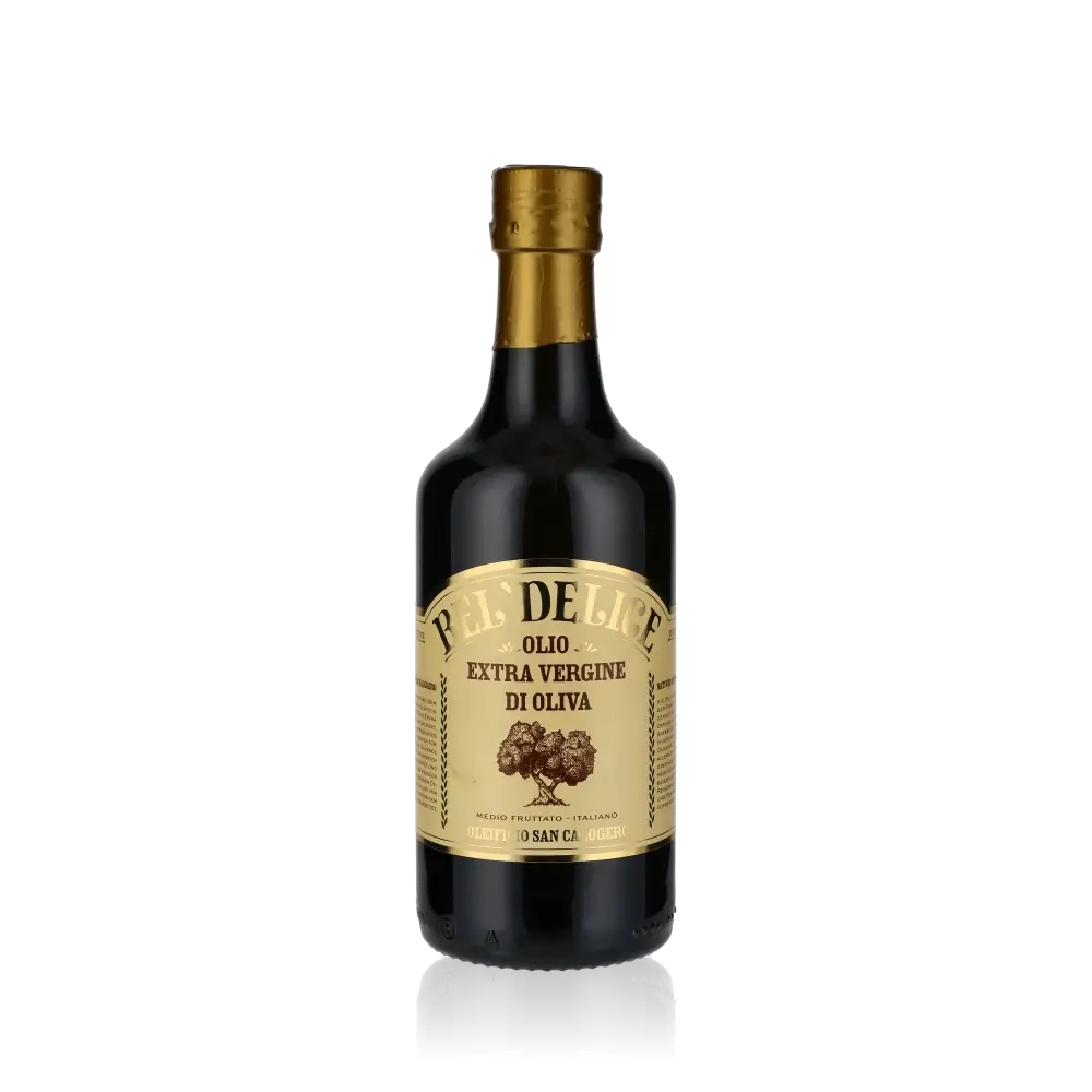 Bel Delice Olivenölflasche vor schwarzem Hintergrund.