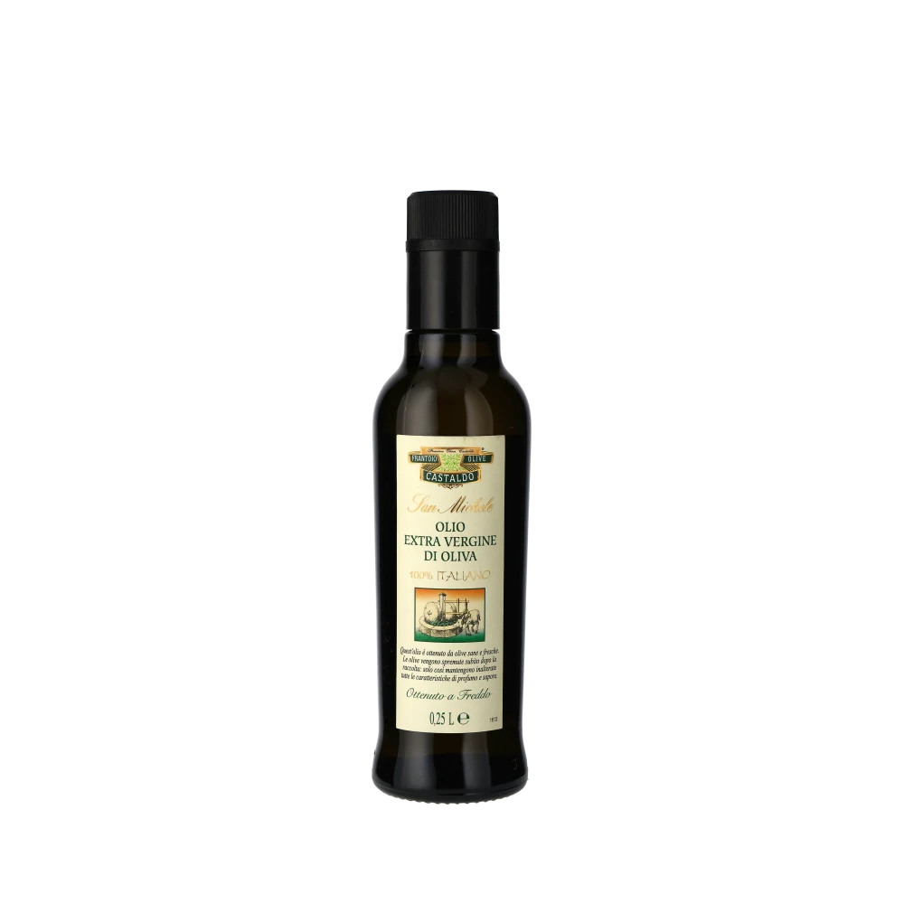 Flasche Turri San Michele Olivenöl 250ml vor weißem Hintergrund.