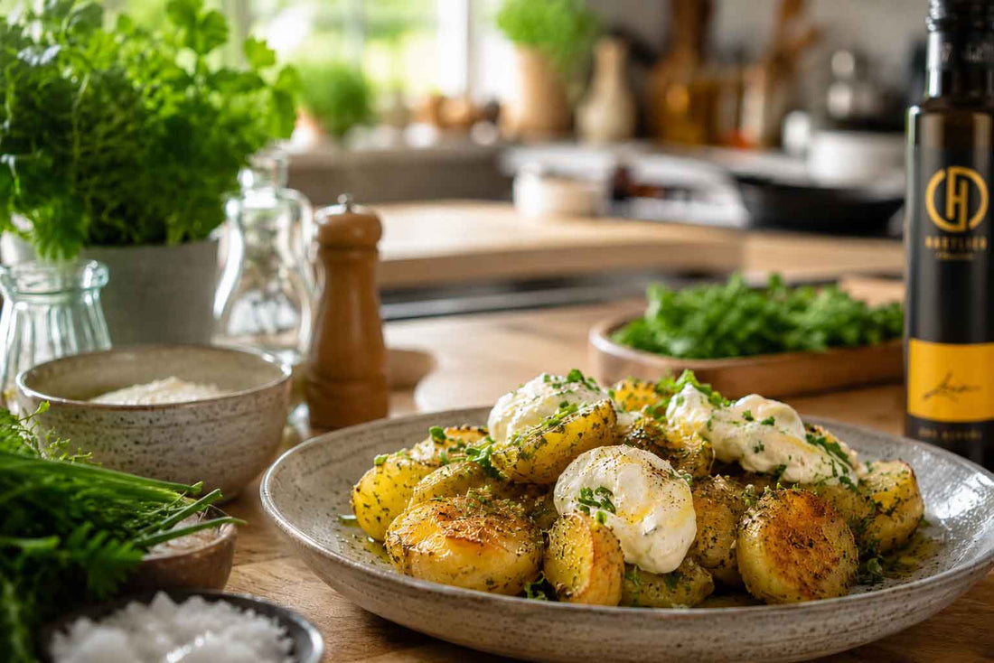 Rustikale Bratkartoffeln mit Quark, Kräutern und Leinöl