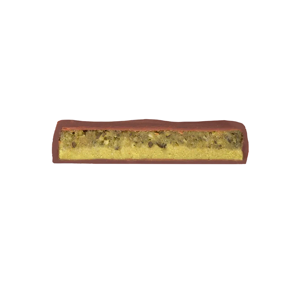 Kürbiskern-Marzipan-Schnitt mit Schokoladenüberzug, Nahaufnahme.