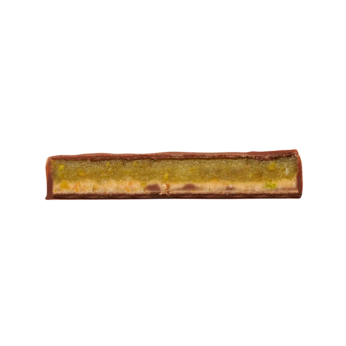 Praline mit Pistazienfüllung, Querschnitt.