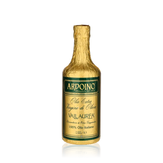 Ardoino Vallaurea Olivenöl Flasche, 500 ml, goldene Verpackung.