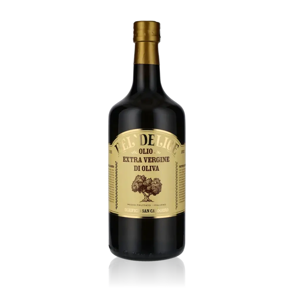 Bel Delice Olivenölflasche, extra vergine, auf schwarzem Hintergrund.