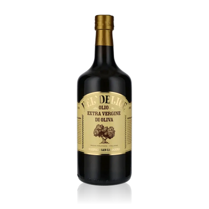 Bel Delice Olivenölflasche, extra vergine, auf schwarzem Hintergrund.