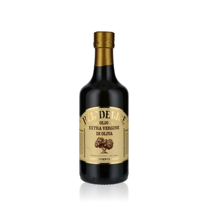 Bel Delice Olivenölflasche vor schwarzem Hintergrund.