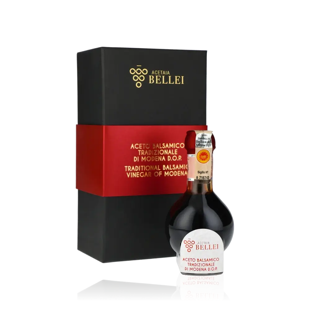 Flasche und Verpackung von Bellei Balsamico-Essig aus Modena.