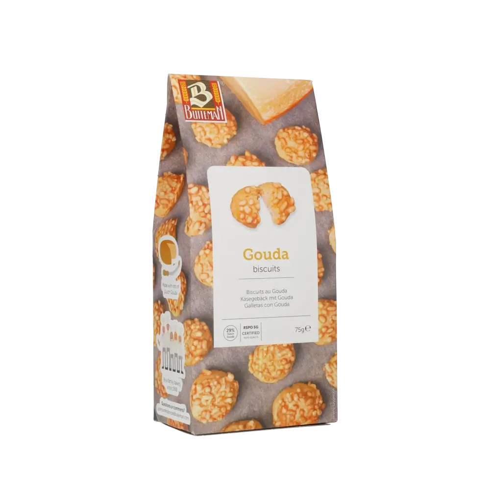 Buiteman Gouda Biscuits Verpackung mit Käsegebäck.