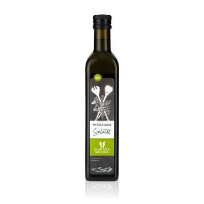 Flasche Olivenöl, Marke Ölmühle Solling, würziges Salatöl bio.