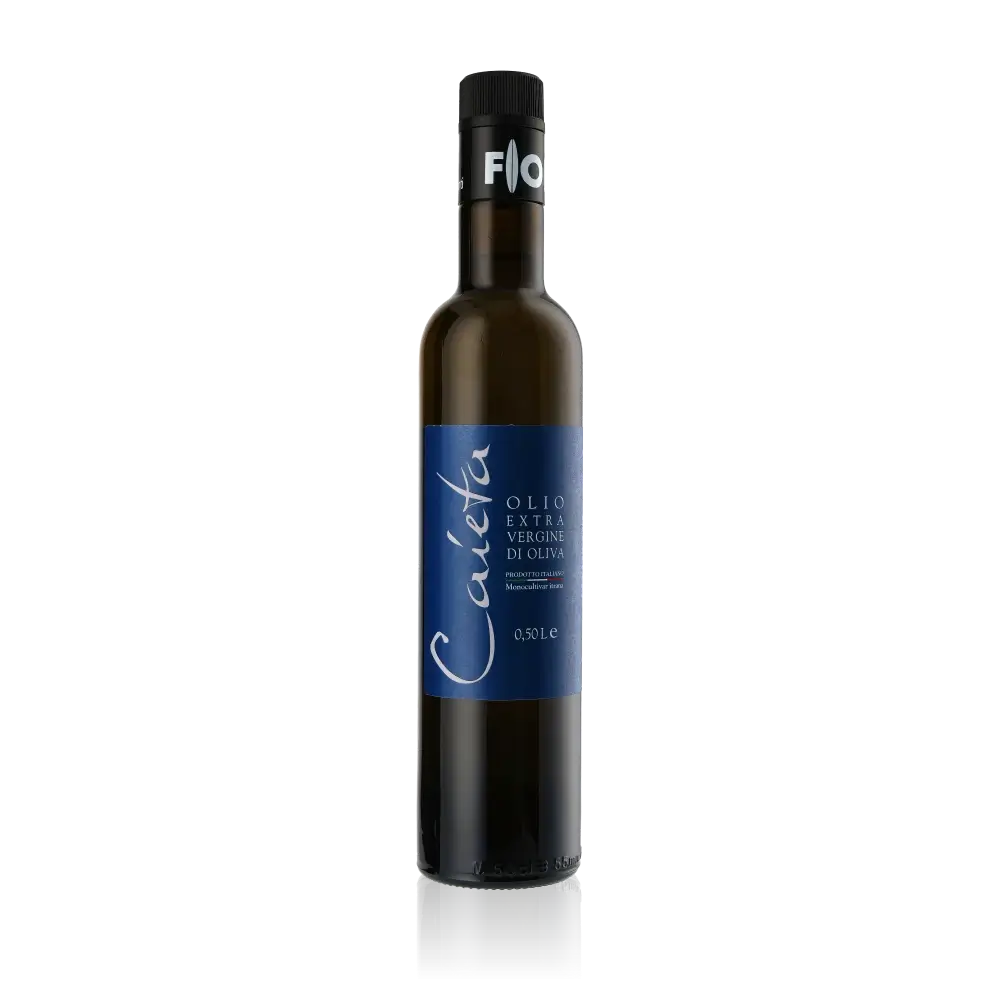 Flasche Caieta Olivenöl, 500 ml, schwarzes Etikett.