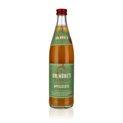 Dr. Höhl's Bioess Apfelessig Flasche vor schwarzem Hintergrund.