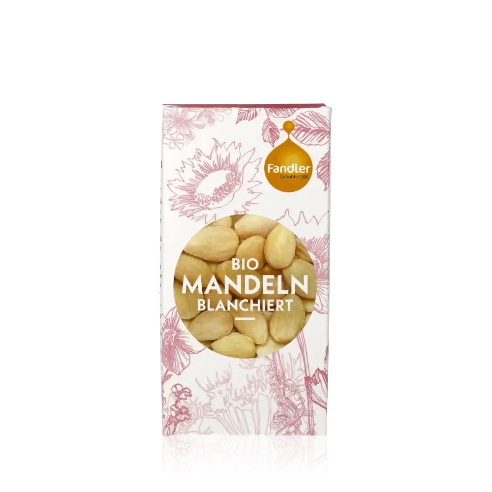 Fandler Bio Mandeln blanchiert Packung mit floralem Design.