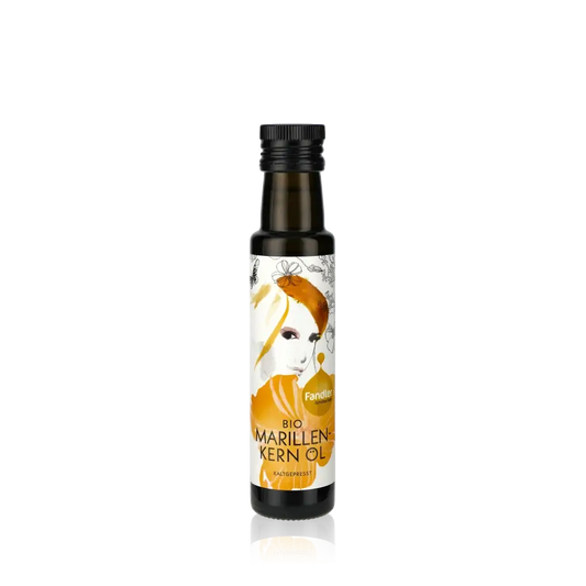 Fandler Bio Marillenkernöl Flasche vor schwarzem Hintergrund.