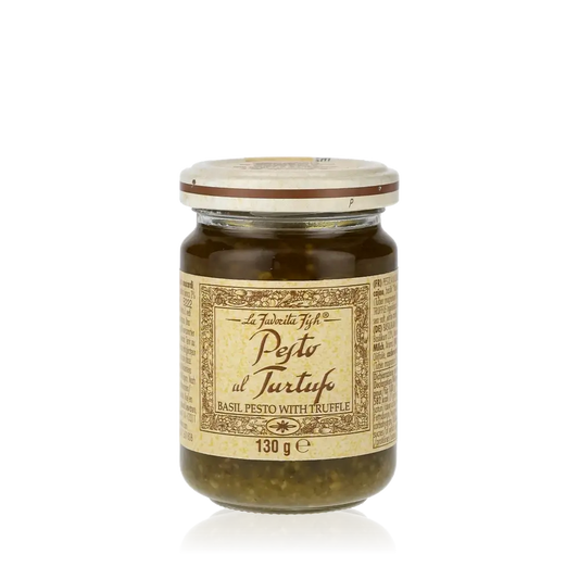La Favorita Trüffel Pesto Glas 130g auf schwarzem Hintergrund.