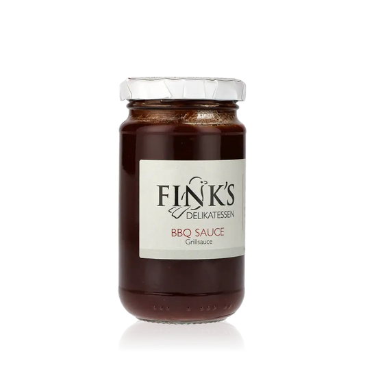 Fink's Delikatessen BBQ Sauce Glas mit Etikett.