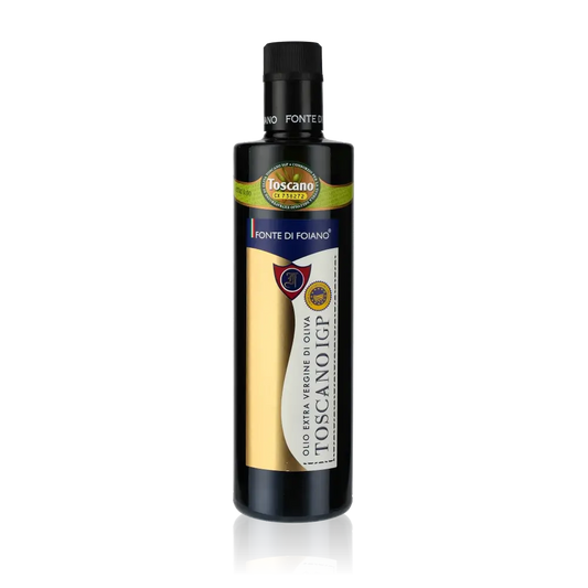 Fonte di Foiano Olivenölflasche mit Etikett und Logo.