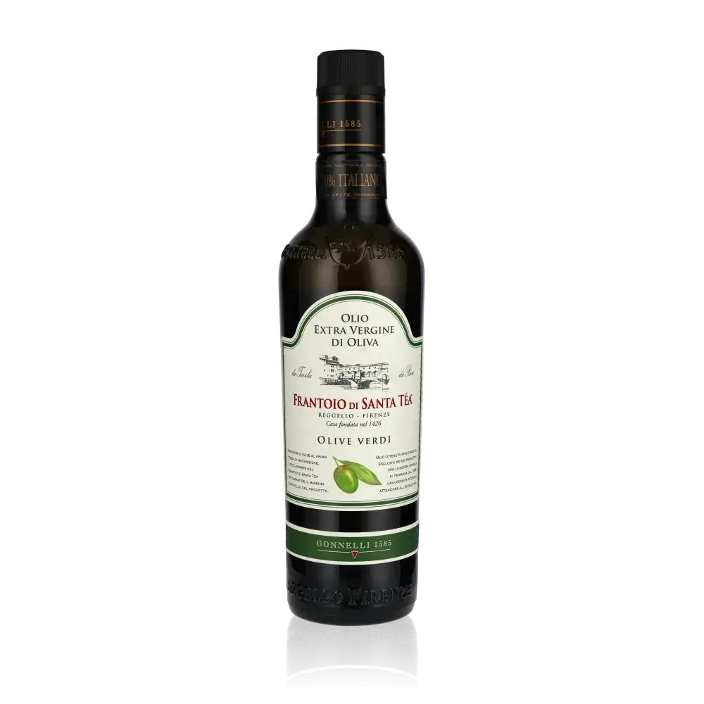 Flasche Frantoio di Santa Tea Olivenöl auf schwarzem Hintergrund.