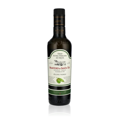 Flasche Frantoio di Santa Tea Olivenöl auf schwarzem Hintergrund.