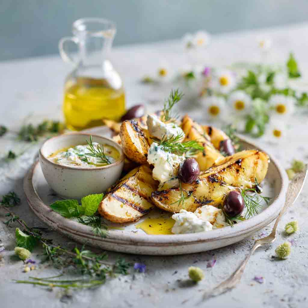 Gegrillte Kartoffeln mit Olivenöl auf einem Esstisch