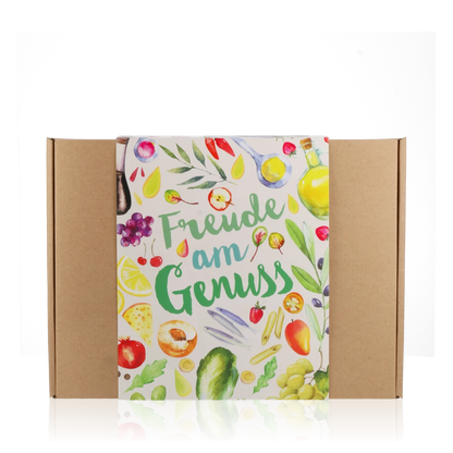 Fröhlicher Geschenkkarton mit Aufschrift Freude am Genuss