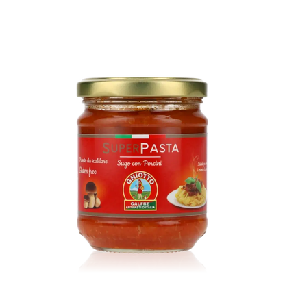 Ghiotto Super Pasta Sauce im Glas mit rotem Etikett.