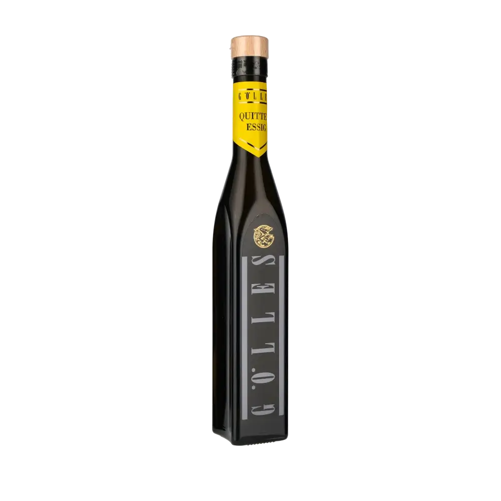 Gölles Quittenessig Flasche, 250ml, schwarzes Design, gelbes Etikett.