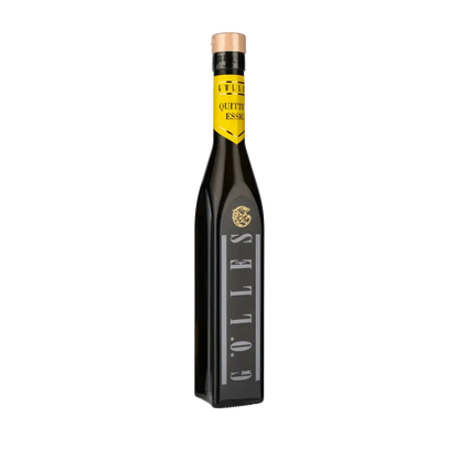 Gölles Quittenessig Flasche, 250ml, schwarzes Design, gelbes Etikett.