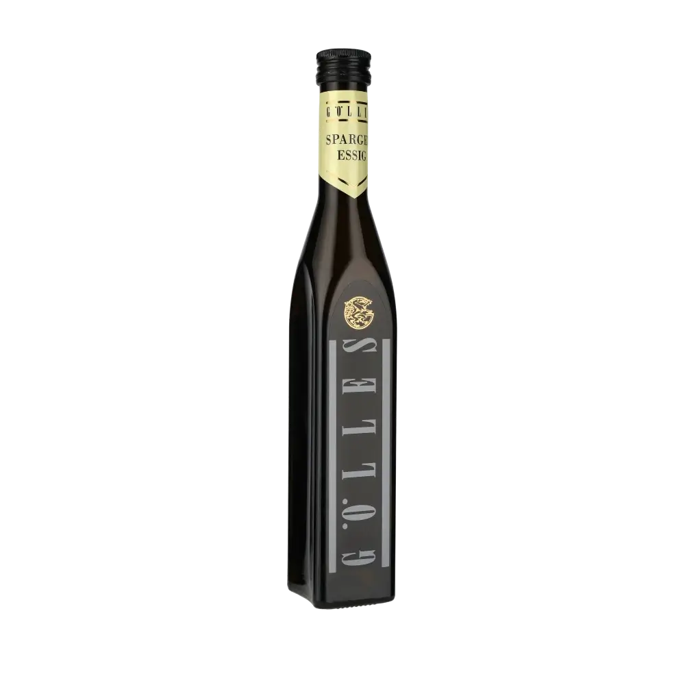 Gölles Spargelessig Flasche vor schwarzem Hintergrund.