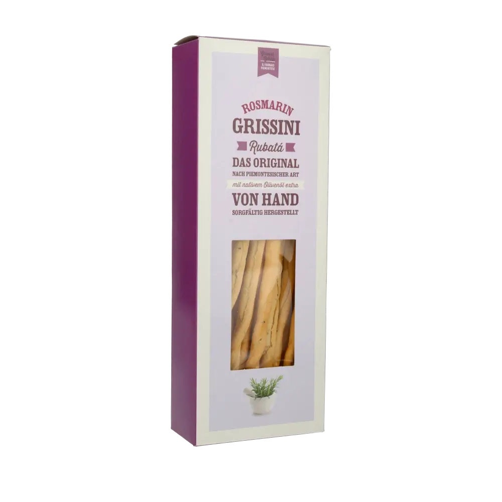 Grissini Piemontese Rosmarin in Verpackung mit Sichtfenster.