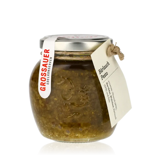 Glas Bärlauch Pesto von Grossauer Edelkonserven mit Etikett.