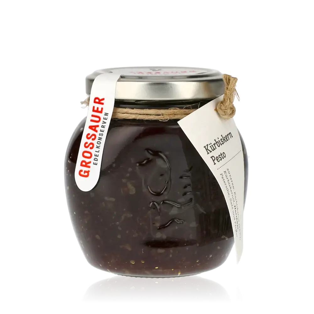 Glas Kürbiskernpesto von Grossauer Edelkonserven mit Etikett.