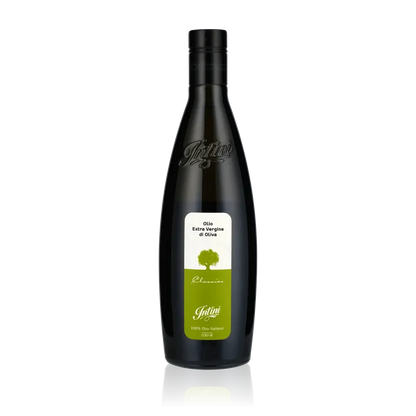 Intini Classico Olivenöl Flasche auf schwarzem Hintergrund.