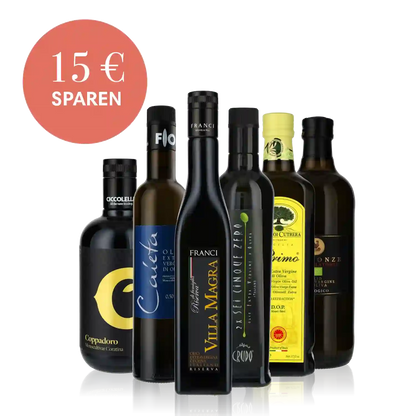 Sechs Flaschen Olivenöl und Essig mit Rabattangebot.