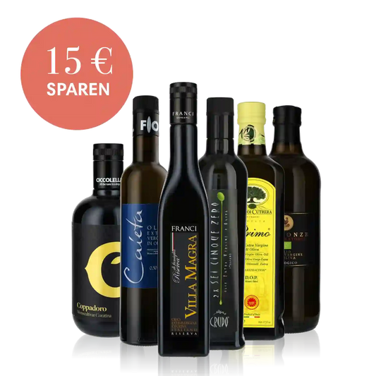 Sechs Flaschen Olivenöl und Essig mit Rabattangebot.