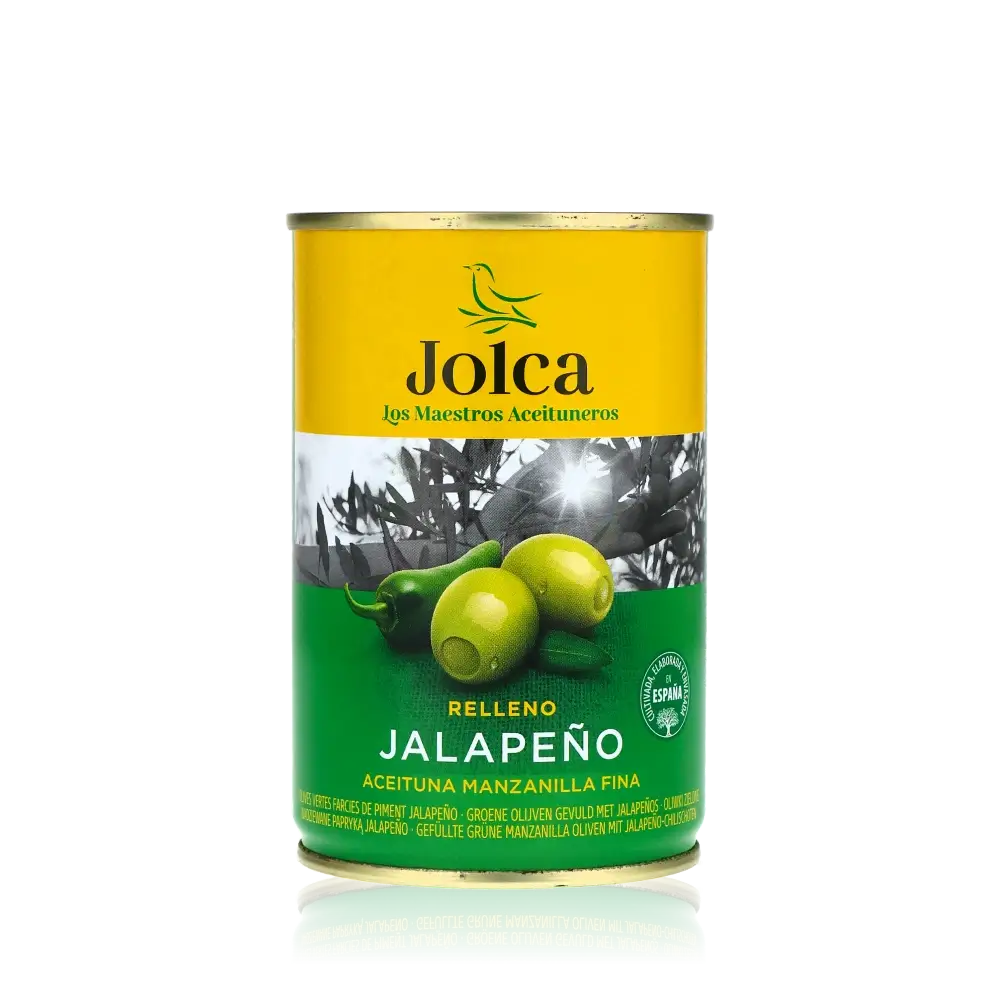 Jolca Oliven gefüllt mit Jalapeño, Manzanilla Spanien Antipasti.