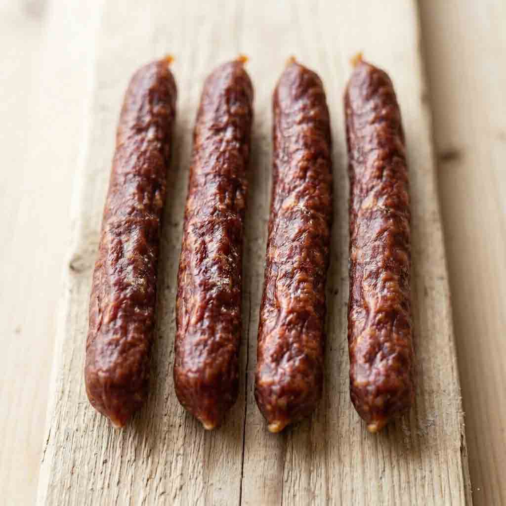 4 Kaminwurzen auf Holzbrett