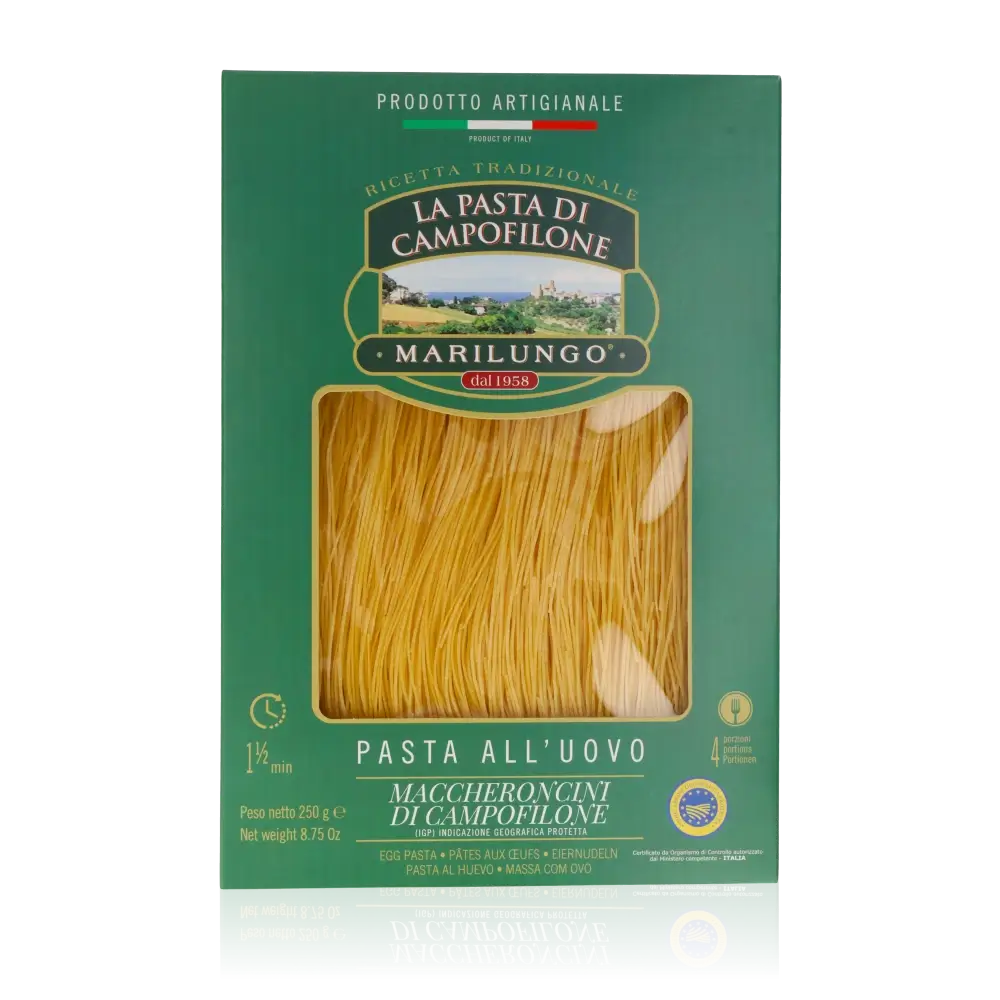 Marilungo Eierpasta Maccheroncini Verpackung mit grünem Design.