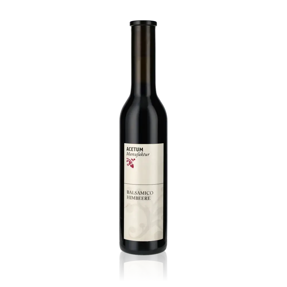 Flasche Martin Albrecht Balsamico Himbeere Essig vor weißem Hintergrund.