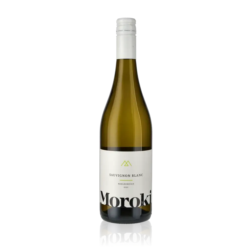 Weinflasche Moroki Marlborough Sauvignon Blanc auf schwarzem Hintergrund.