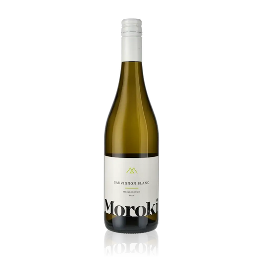 Weinflasche Moroki Marlborough Sauvignon Blanc auf schwarzem Hintergrund.