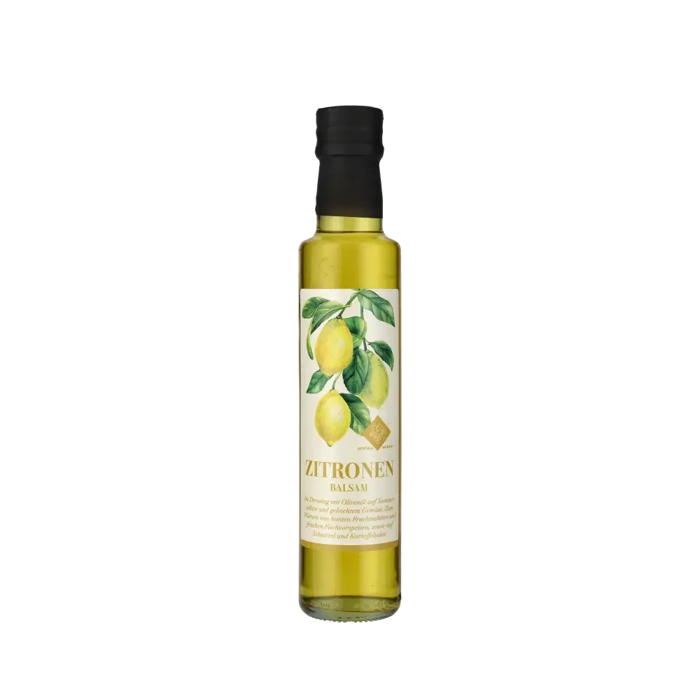 Murani Zitronenbalsam Balsamessig Flasche mit Zitronenetikett.