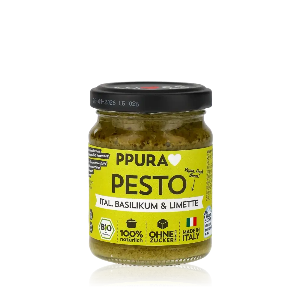 PPura Pesto mit Basilikum und Limette im Glas.