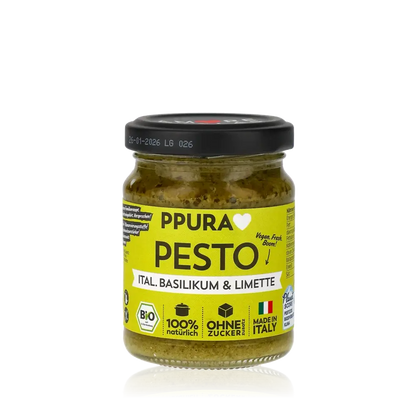 PPura Pesto mit Basilikum und Limette im Glas.