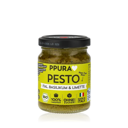 PPura Pesto mit Basilikum und Limette im Glas.