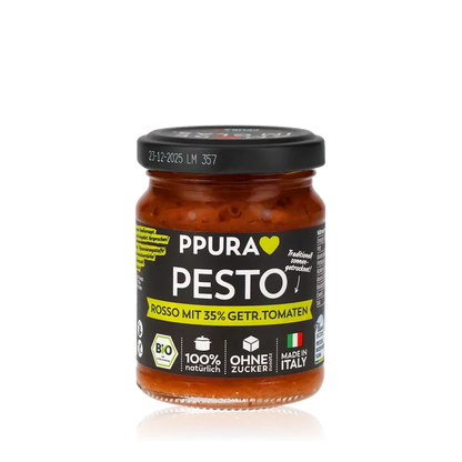 PPura Pesto Rosso Glas mit Etikett und Zutateninformationen.