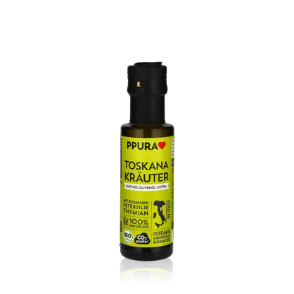 PPURA Toskana Kräuter Olivenöl Flasche vor schwarzem Hintergrund.
