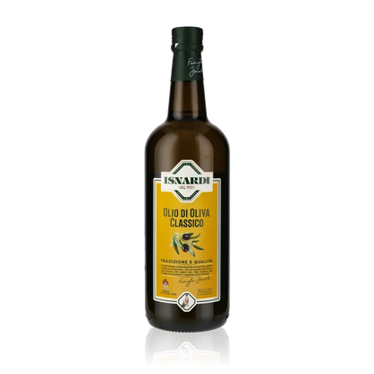 Isnardi Olivenöl Flasche mit gelbem Etikett auf schwarzem Hintergrund.