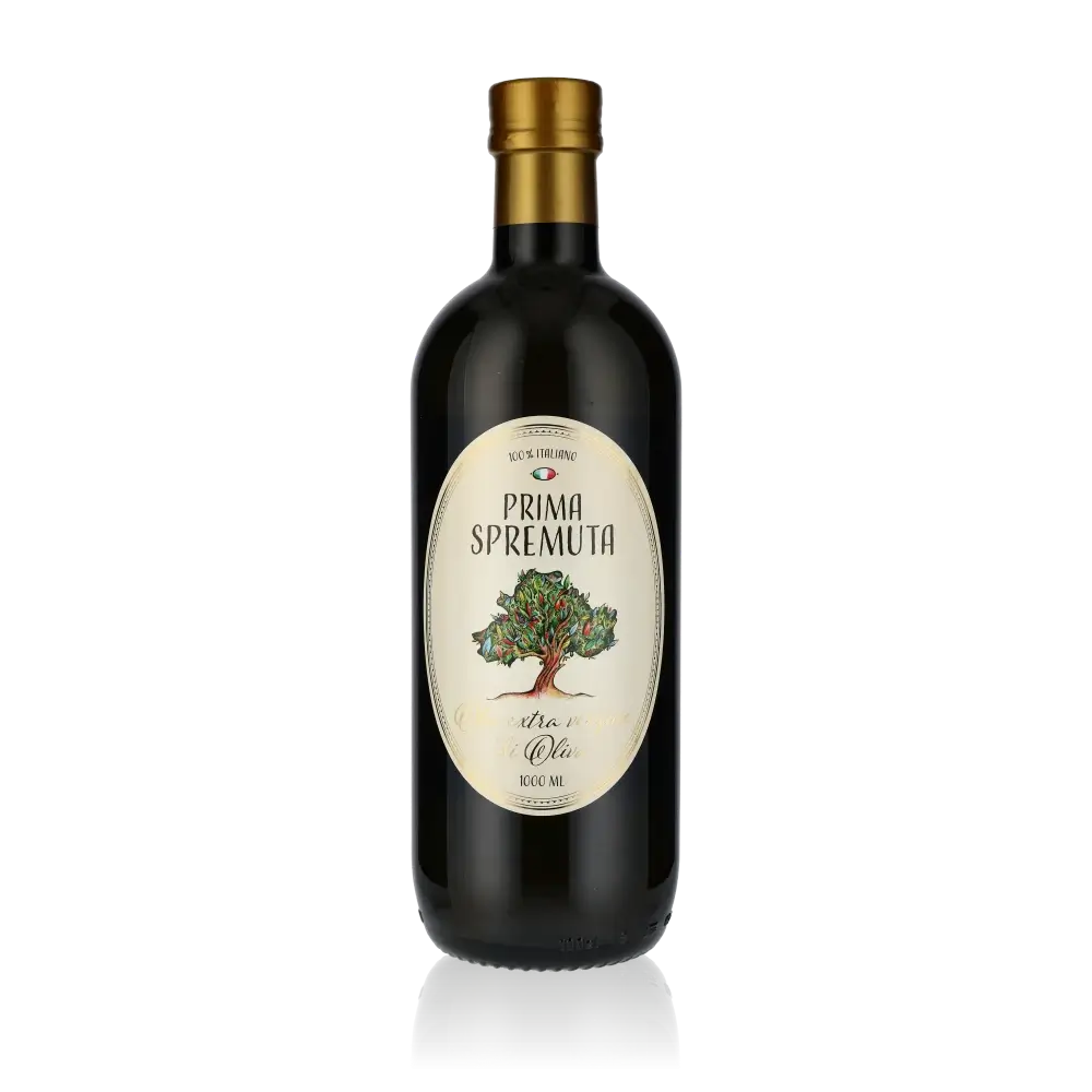 Flasche Prima Spremuta Olivenöl mit Etikett und Baum.