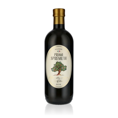 Flasche Prima Spremuta Olivenöl mit Etikett und Baum.