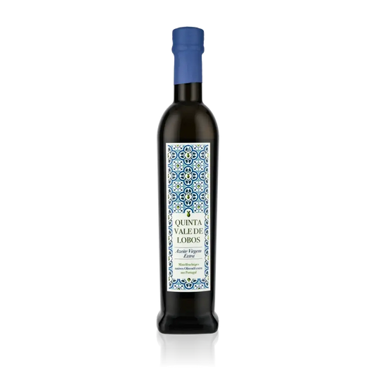 Quinta Vale de Lobos Olivenölflasche mit dekorativem Etikett.