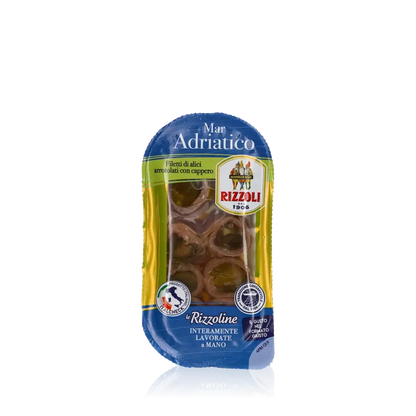 Rizzoli Sardellen mit Kapern in Verpackung, Fischspezialität.